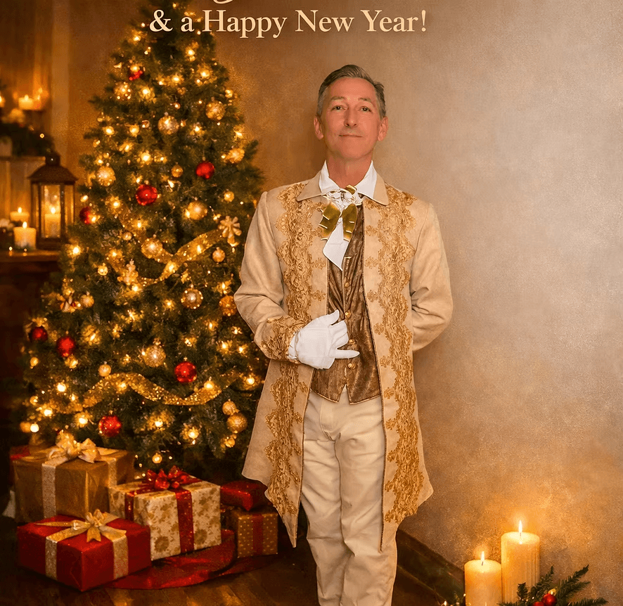 The manager in a gold brocade costume beside a lit Christmas tree